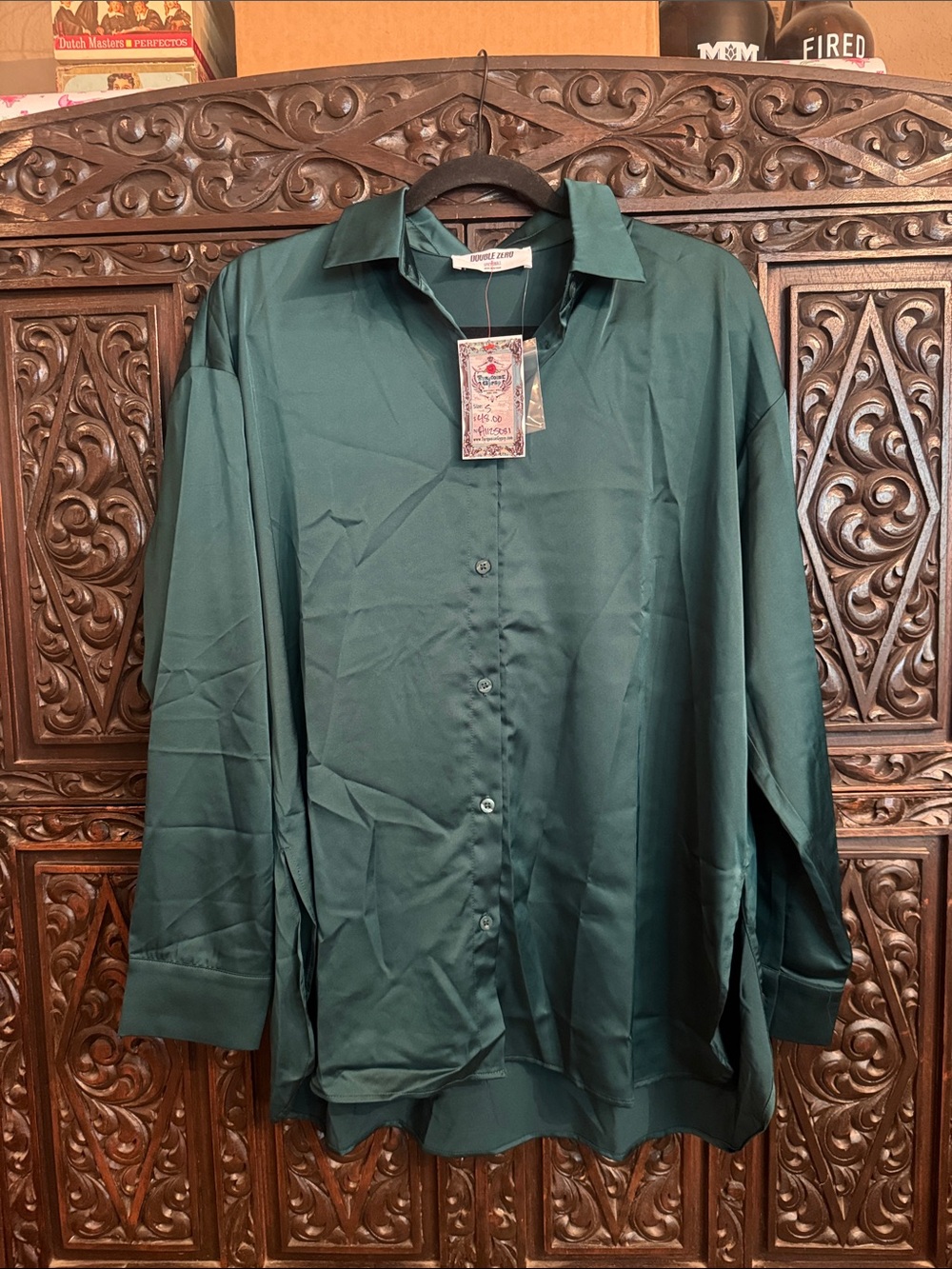 Double Zero Forest Green Satin Long-Sleeve Dress Shirt